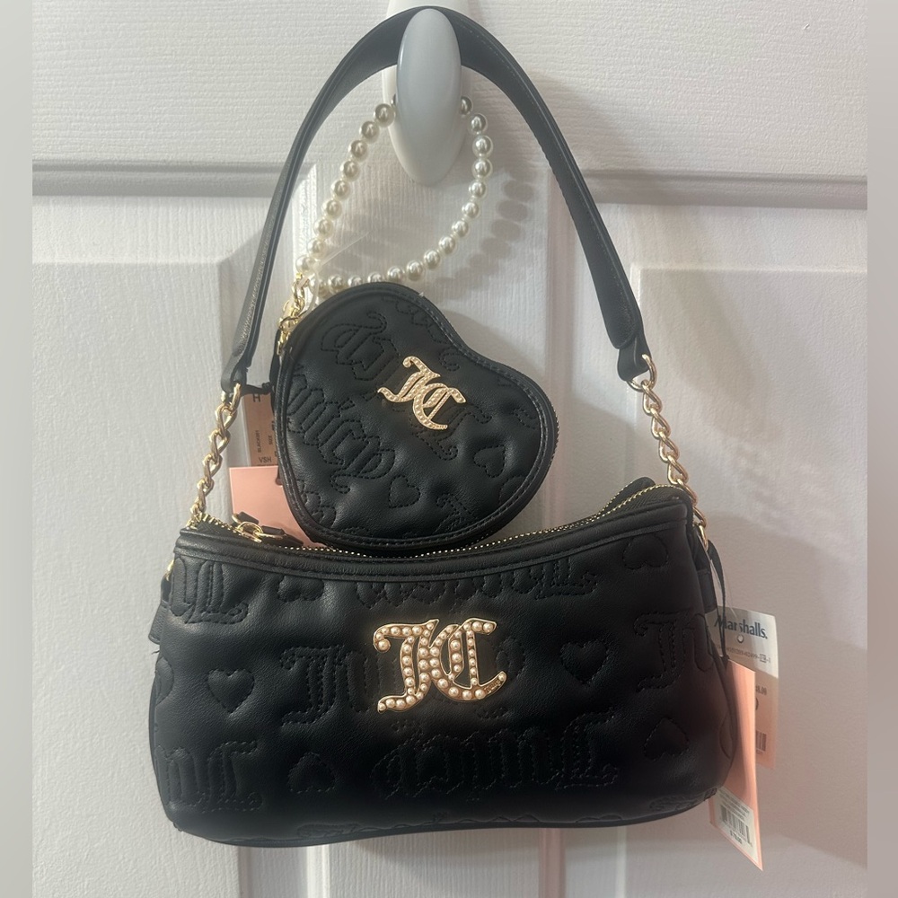 Juicy Couture Black and Gold Embossed Shoulder Bag/ Cross body and wallet Set.